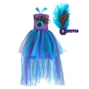 GEZHEN Toddler Girl Casual Peacock Feather Dress Dress Summer Fashion Dress Princess Dress Sleeveless Dress Tutu Mesh Dress Outwear Headwear 2pcs Sets Cotton Stretchy Party Dress Fashion